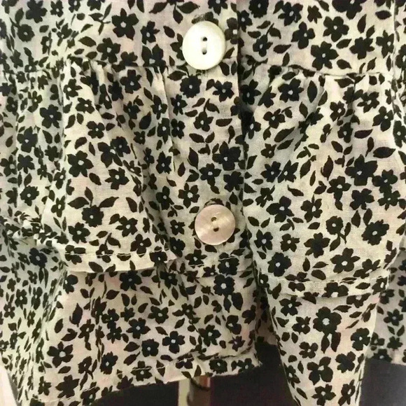 Passport white black flower light cotton fabric ruffle sleeves button blouse S - Picture 4 of 6